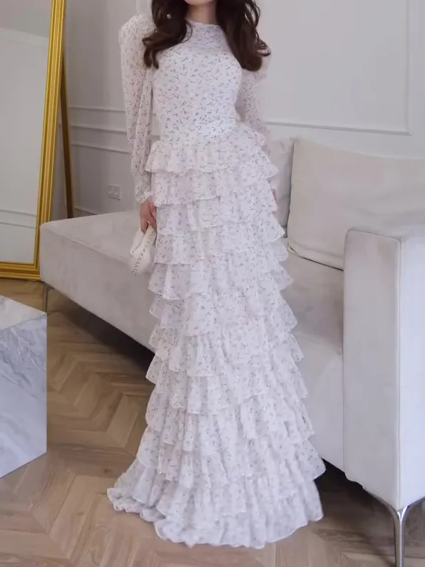 Elegant Floral Puff Sleeve Shirt & Ruffled Cake Skirt Set Floral - Shop at LoveMi