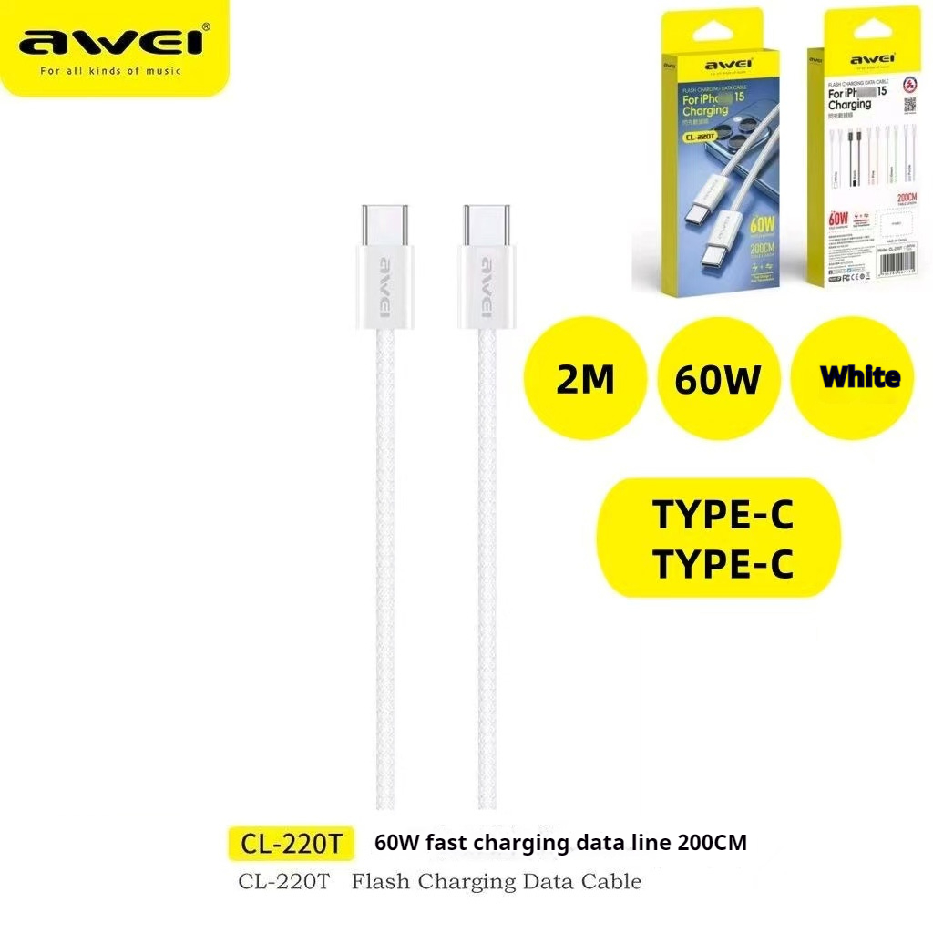 AWEI USB-A TO LIGHTNING Fast Charging Cable 1m And AWEI TYPE-C To TYPE-C Braided Cord 60W Fast Charging Cable 2m