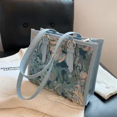 All-match One-shoulder Armpit Bag Portable Oil Painting Tote - Blue - View 1