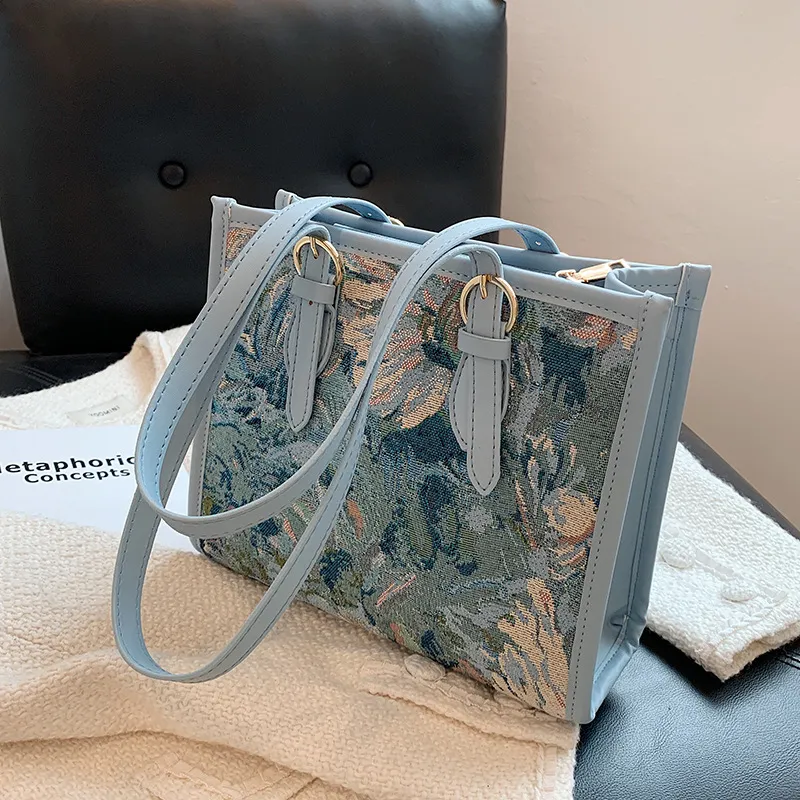 All-match One-shoulder Armpit Bag Portable Oil Painting Tote - Blue