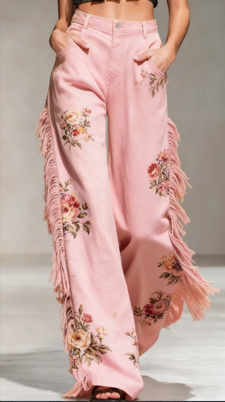 Pantalon large à franges et imprimé floral rétro