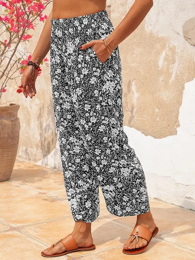 Women's Loose Panel Print Floral Trousers