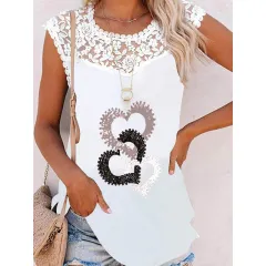 Summer Print Crew Neck Lace Trim Casual Loose Women's Tank Top - Picture8 - View 1
