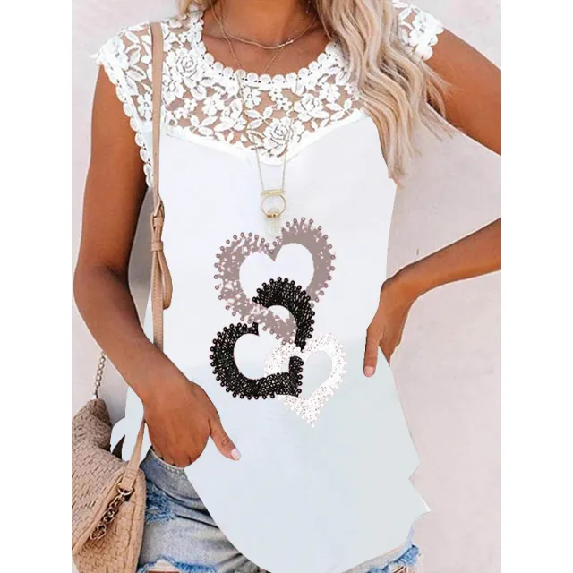 Summer Print Crew Neck Lace Trim Casual Loose Women's Tank Top Picture8 - Shop at LoveMi