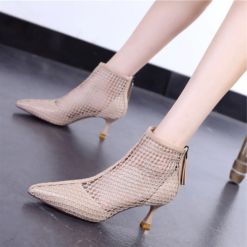 High-heeled Net Boots Women's Hollow Pointed High-heeled Net Yarn Breathable Stiletto Ankle Boots Cool