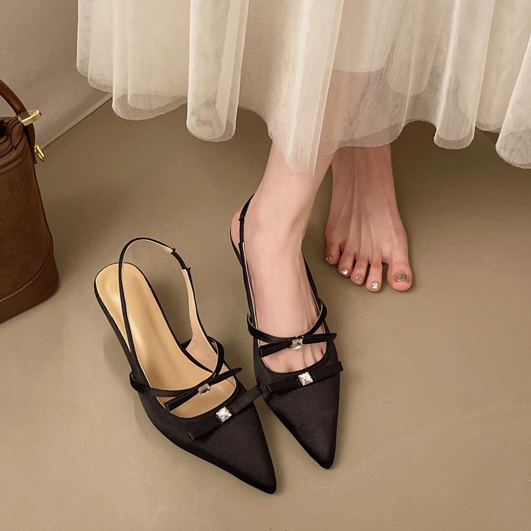 Women's Fashion French Satin Bow Evening Style Sandals, New Summer Low Stiletto Heel Sandals For Dresses