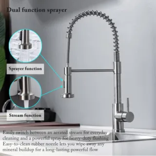 Monobloc Silver Kitchen Sink Mixer Taps With Pull Out Hose Spray Single LeverTap