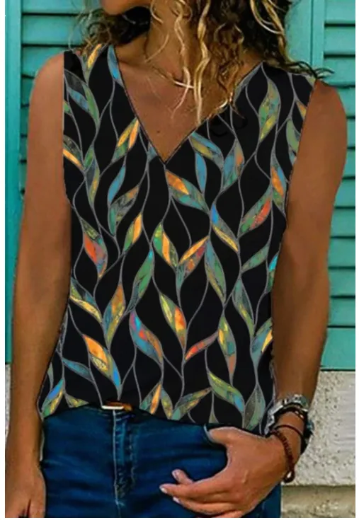 Printed V neck Pullover Sleeveless Summer T shirt Black - Shop at LoveMi