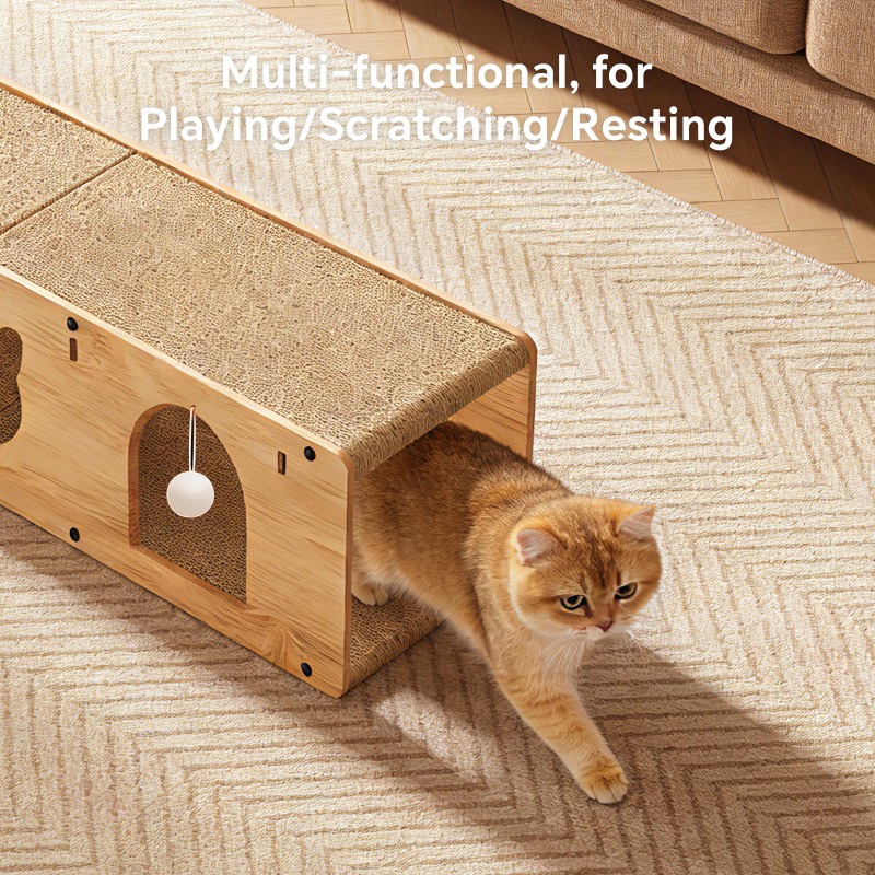 Multi-Functional Cat Tunnel Scratcher, Wood - Corrugated Scratcher, With 2 Teaser Balls, For Cats