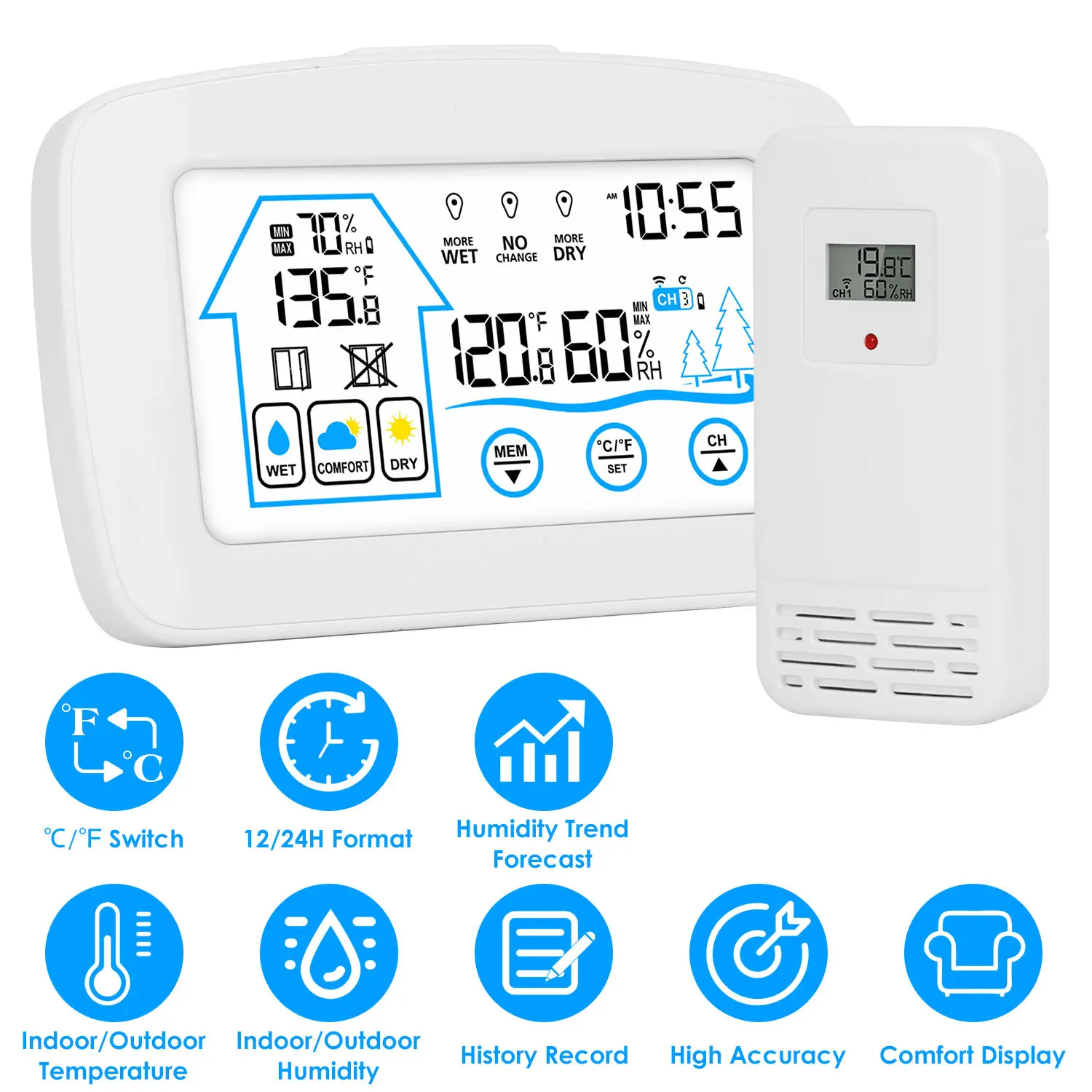 Wireless Weather Station With Clock 196FT Range