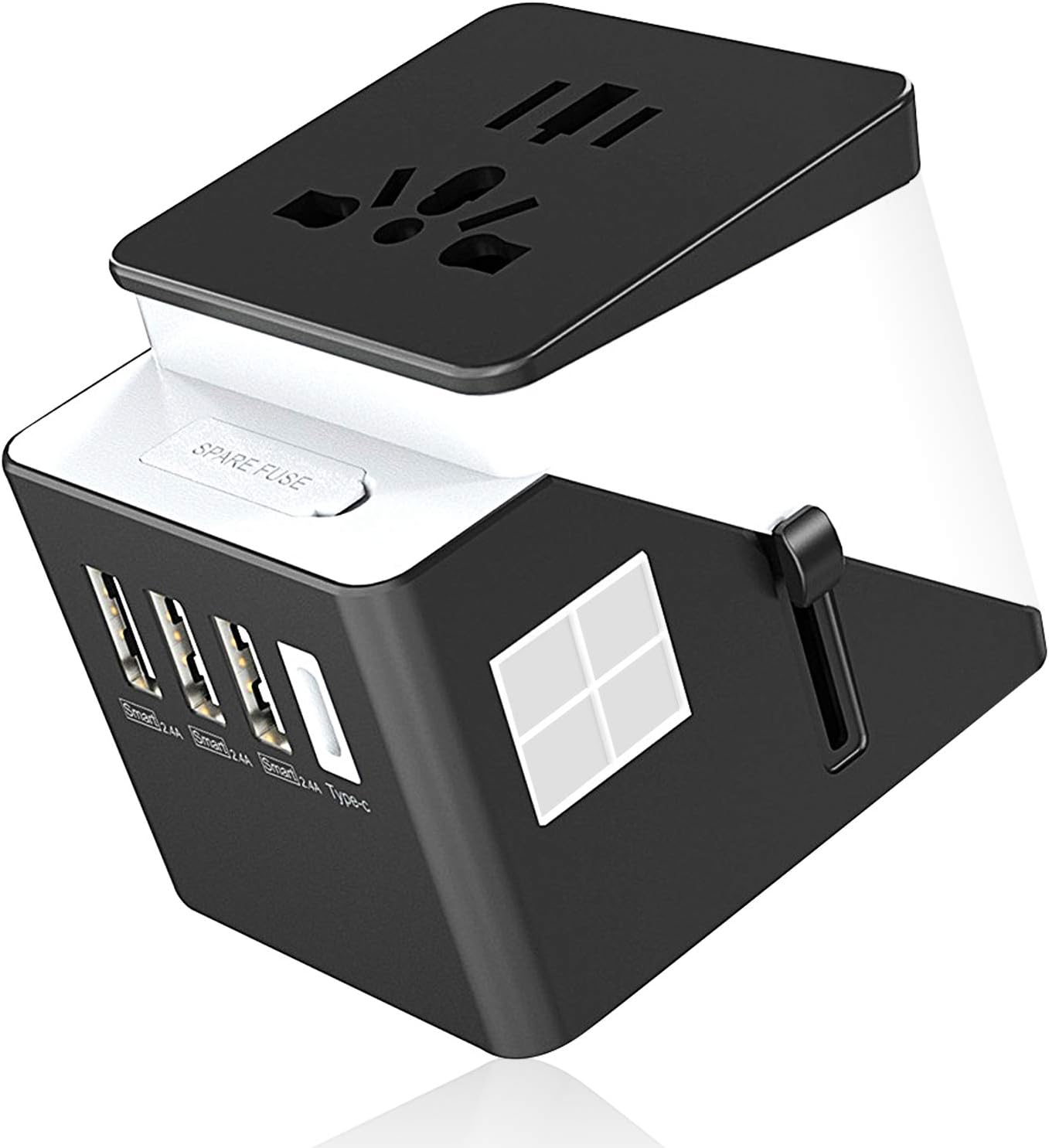 International Power Adapter with 3 USB Ports suitable for worldwide traveling, 5 in 1 Portable Power Adapter design for charging 5 devices simultaneously, Built-in Smart IC Chip for automatic current adjustment, Top Safety Certified for surge protection a