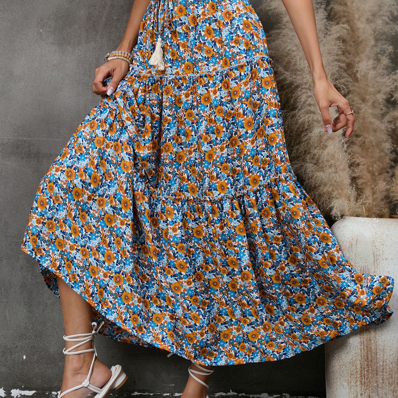 Spring And Summer New Cotton Floral Wood Ear Edge Bohemian Beach Resort Style Half body Skirt Blue - Shop at LoveMi