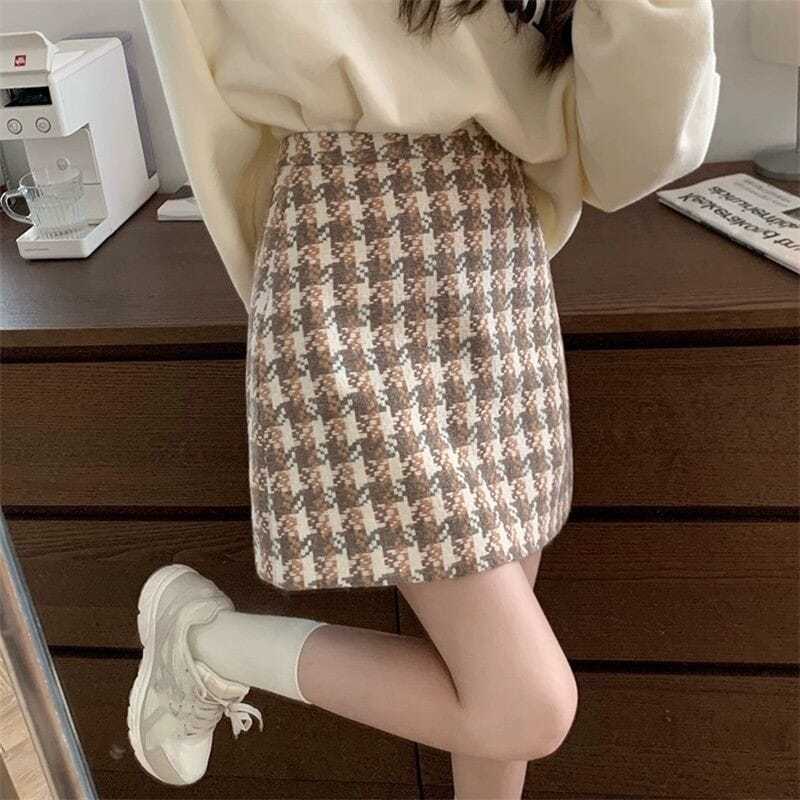 New Women's High Waist Houndstooth Woolen Skirt