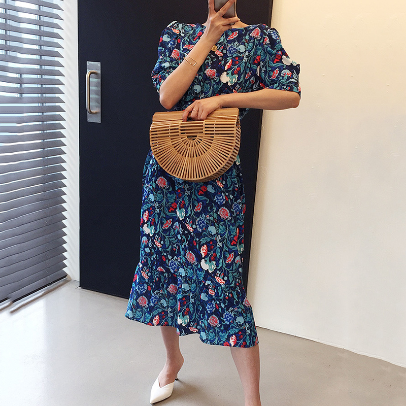 Women's Vintage Waist Puff Sleeve Fishtail Dress