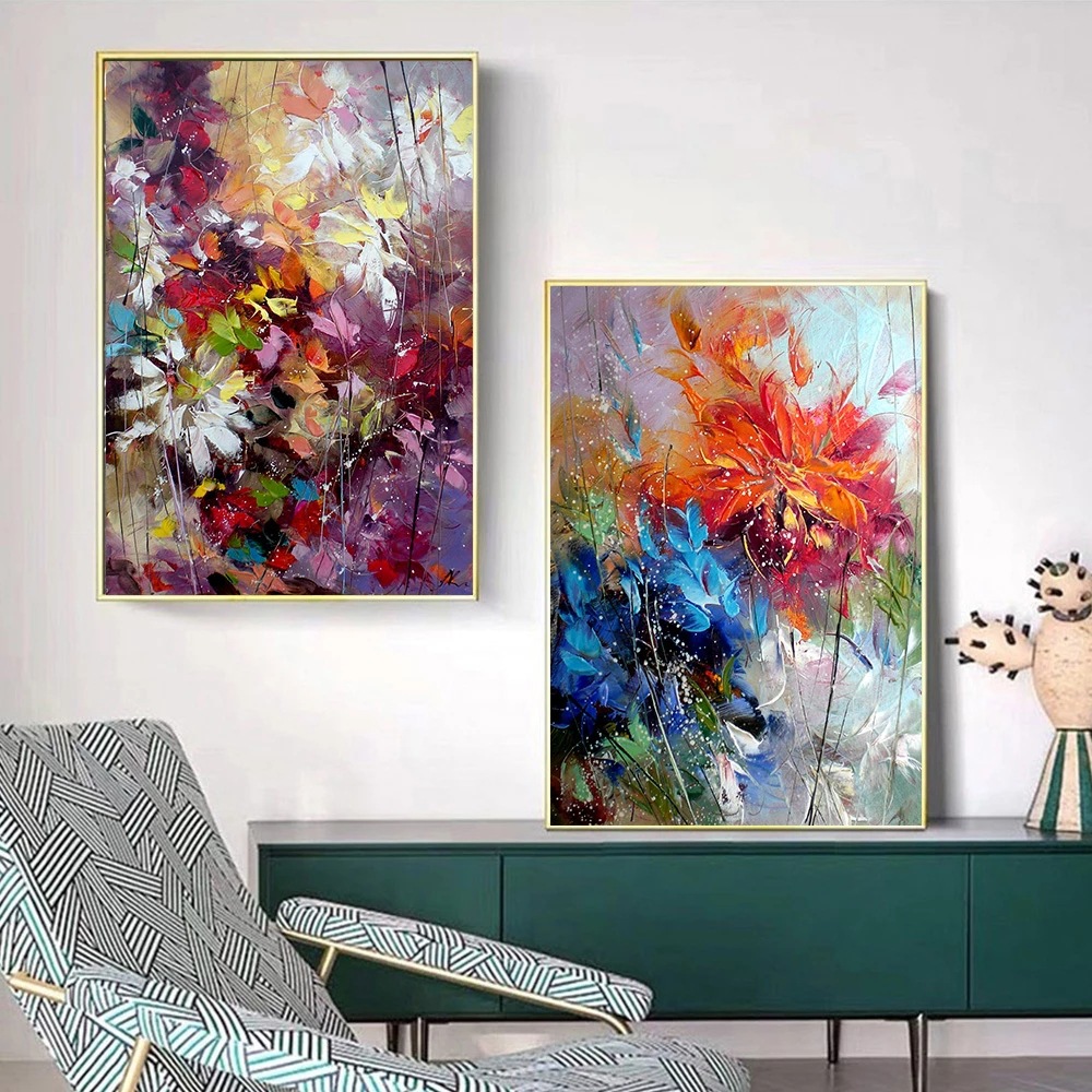 Abstract Watercolor Blue Organge Flower Canvas Canvas Painting Wall ...