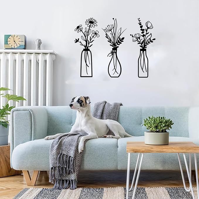 3-Piece Black Metal Flower Wall Art Set Rustic Minimalist, picture 2 of 3