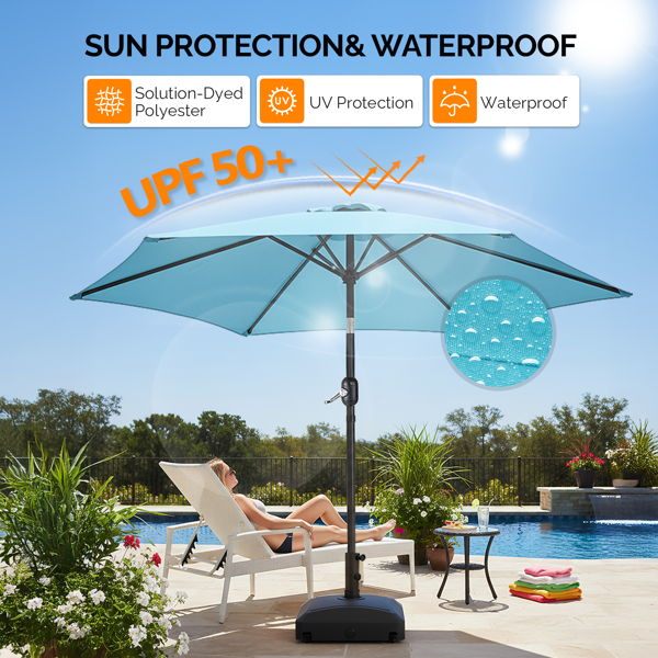 9ft Patio Umbrella, Outdoor Market Umbrella With Push Button Tilt, Crank Handle, 6 Sturdy Iron Ribs, UPF Waterproof Polyester Canopy, KD Design For Garden, Deck, Backyard, Poolside, Sky Blue - Image 16