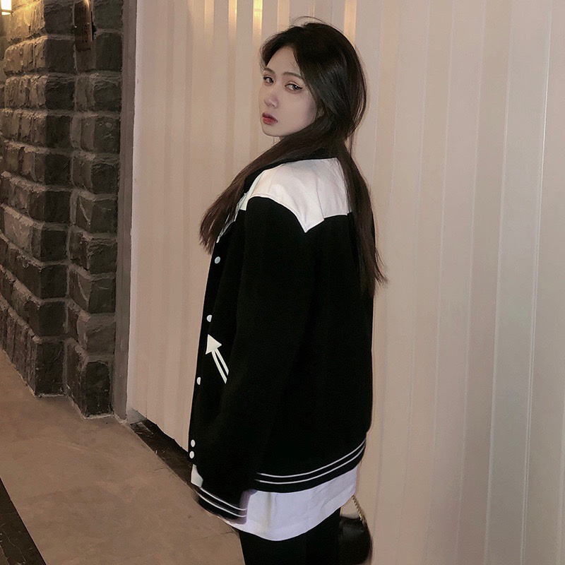 Black And White Paneled Wool Leather Loose Baseball Jacket