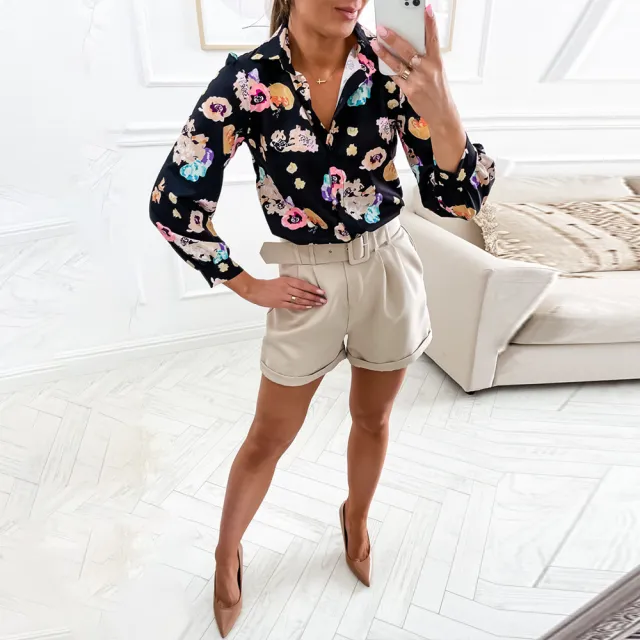 Women's Printed Long Sleeve Cardigan Single Breasted Casual Shirt Black - Shop at LoveMi