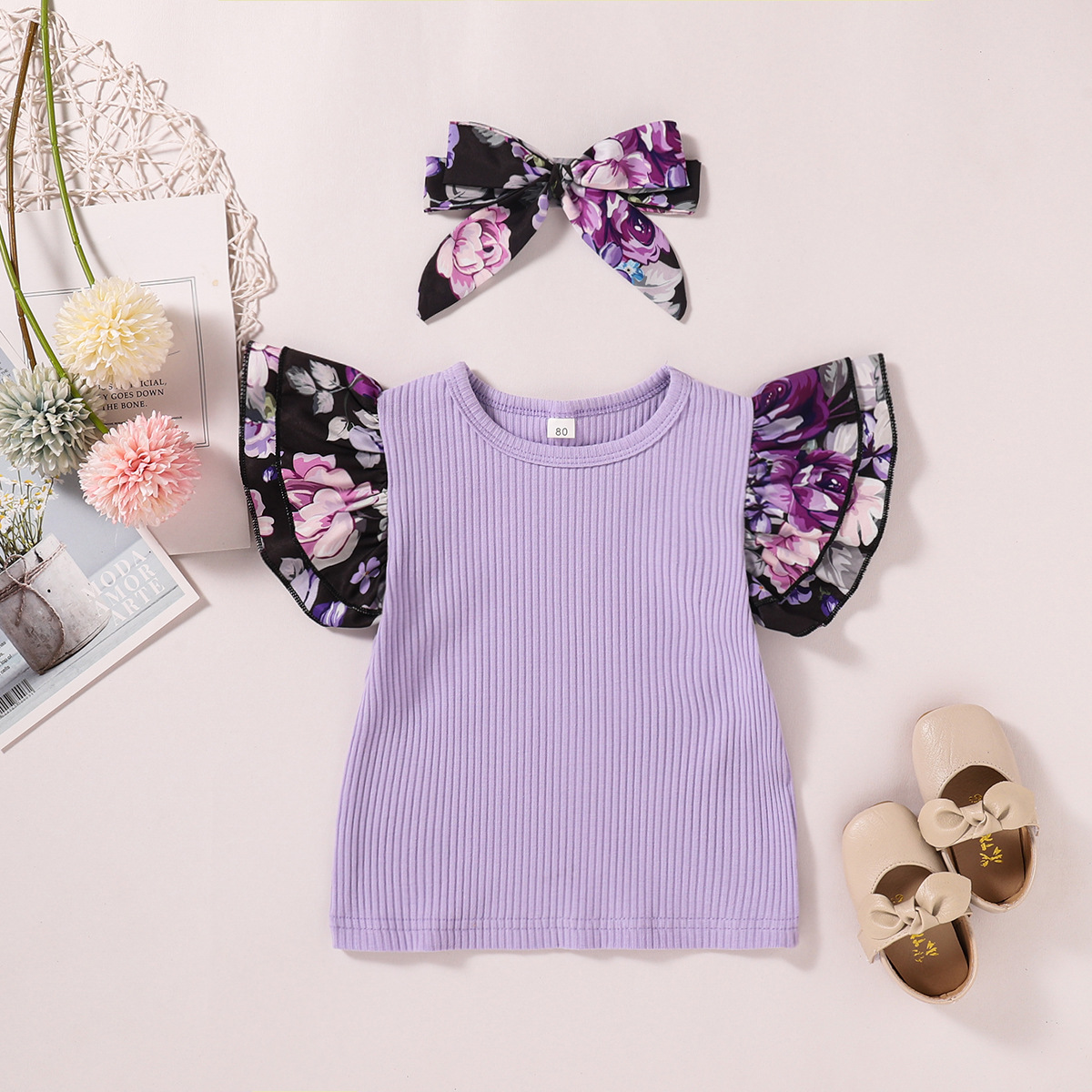 Girls' Skirt Suit, Pit Striped Cotton Short-sleeved T-shirt  Three-piece Printed Suspender Skirt