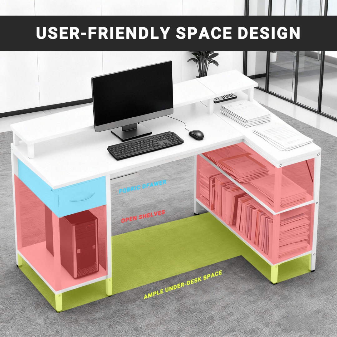 53-inch Gaming Table With USB Charging Port And LED Light, Reversible L-shaped Table With Power Socket And Monitor Stand image 10