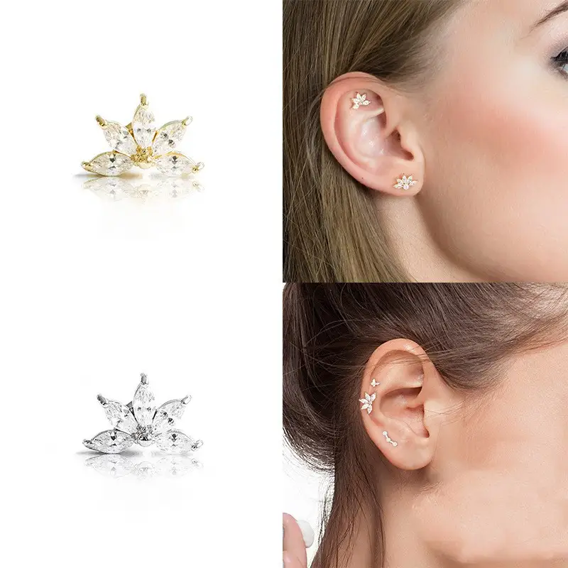 Silver Crown Diamond Horse Eye Piercing Thread Stud Earrings