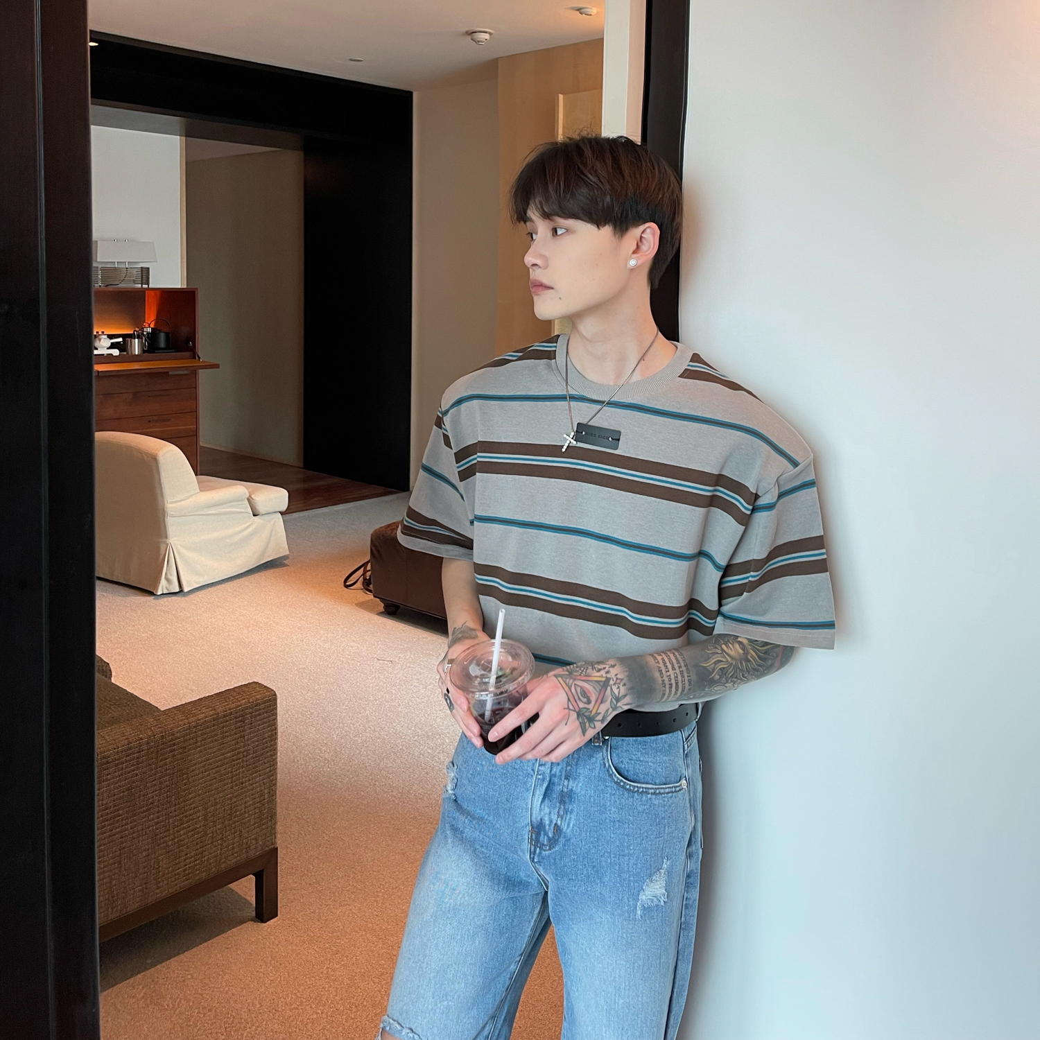 Men's Loose Casual Cotton Shoulder Pads Striped Short Sleeves