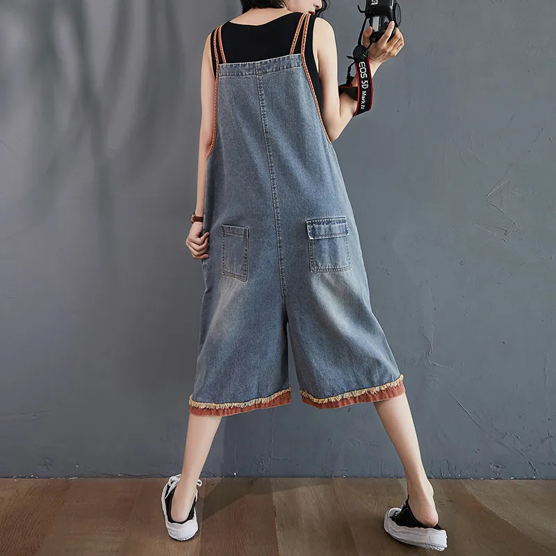 Women's New Style Loose And Slim Three-point Wide Leg Denim Overalls - Orange