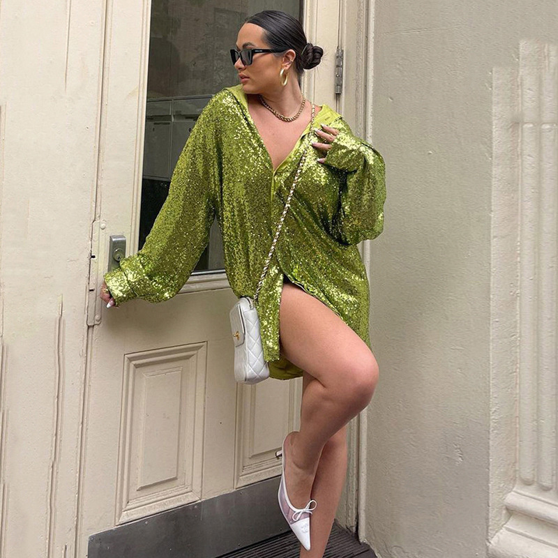 Elegant Sequin Lapel Long Sleeve Shirt Dress