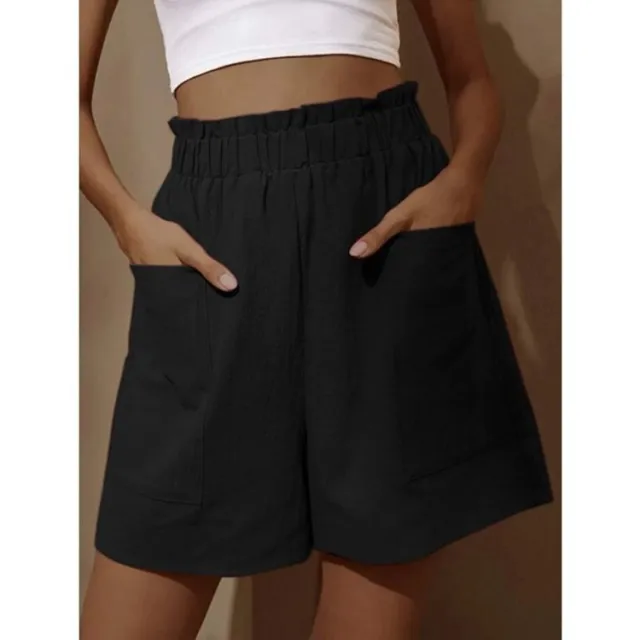 Wide leg Casual Shorts With Pockets High Waist Elastic Pants Women Black - Shop at LoveMi