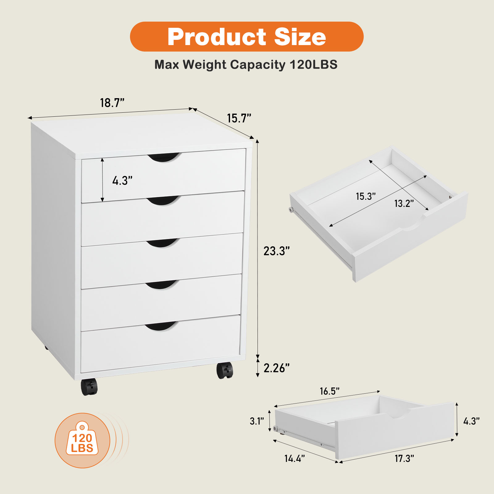 White Rolling Dresser with Wheels