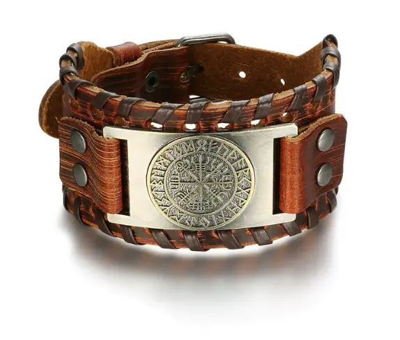 Beowulf Regalia Leather Buckle Arm Cuff With Metal Vegvisir Design