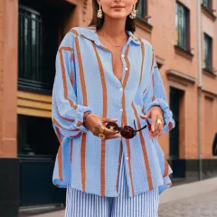 Women's Casual Striped Button-Down Shirt With Drop Sleeves Comfortable Loose-Fit Long Sleeve Top For Spring & Fall - Gray Purple - View 1