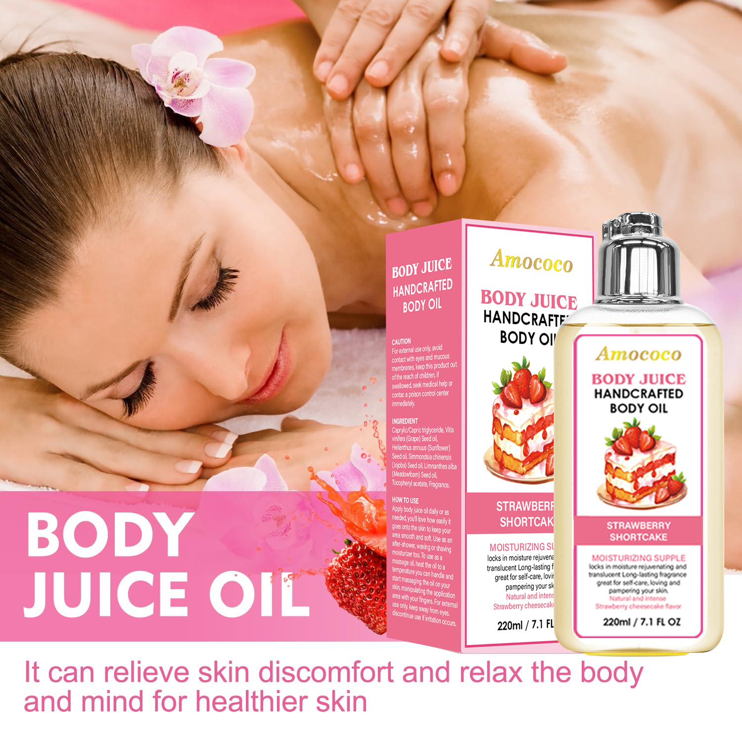 Only Supports Self Pickup With Waybill Amococo Strawberry Shortcake Body Juice Oil, 220ml Handcrafted Moisturizing Body Oil For Dry Skin, Long-Lasting Fragrance Body Massage Oil, Natural Plant-Based L