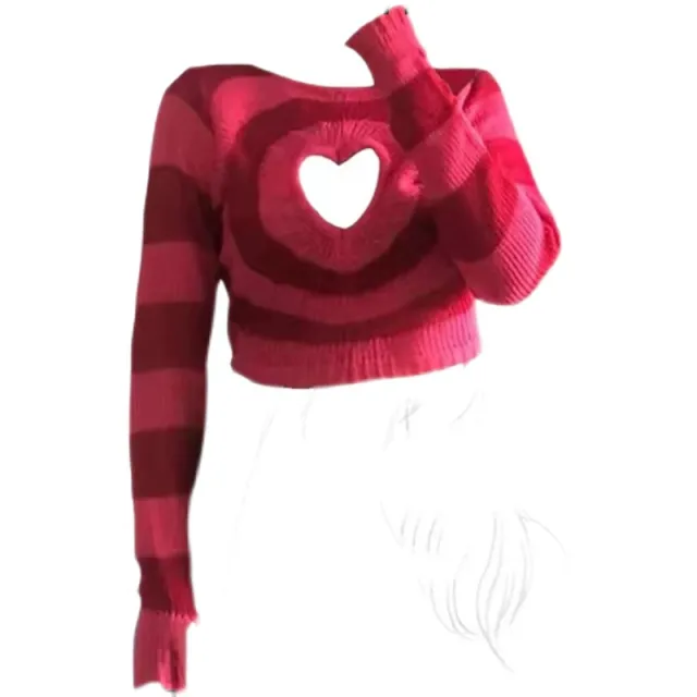 Short Hollow Out Love Long Sleeve Sweater Slim Fit Slimming Stripes Versatile Pullover Top Red - Shop at LoveMi