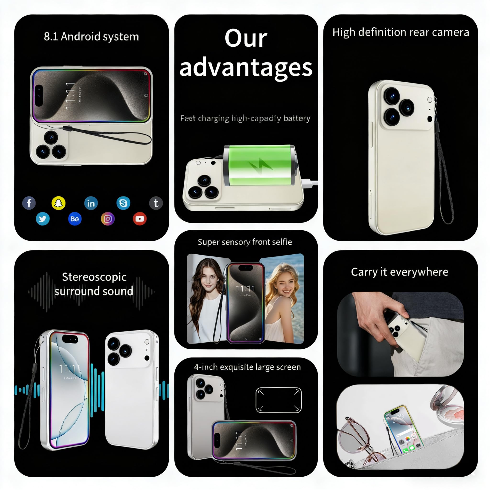 4.0 Inch Mini Smartphone, Android 8.1, 3GB RAM 32GB Storage, Dual SIM Unlocked 3G LTE, 3000mAh Battery, Compact Pocket Phone For Students Seniors Backup