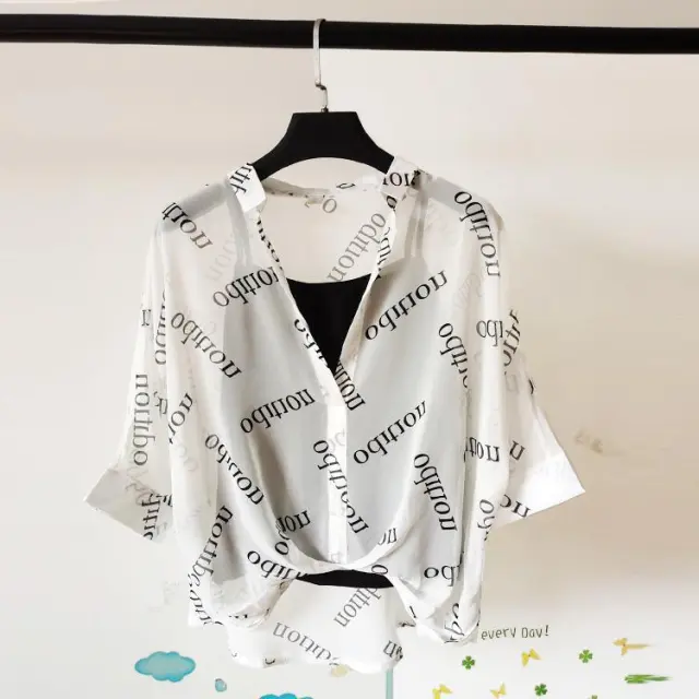 Seven point Bat sleeve Leopard print Chiffon Shirt Summer Blouse Women White Letters - Shop at LoveMi