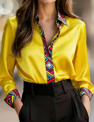 Women's American Retro Color Block Geometric Print Collar Long Sleeve Loose Shirt