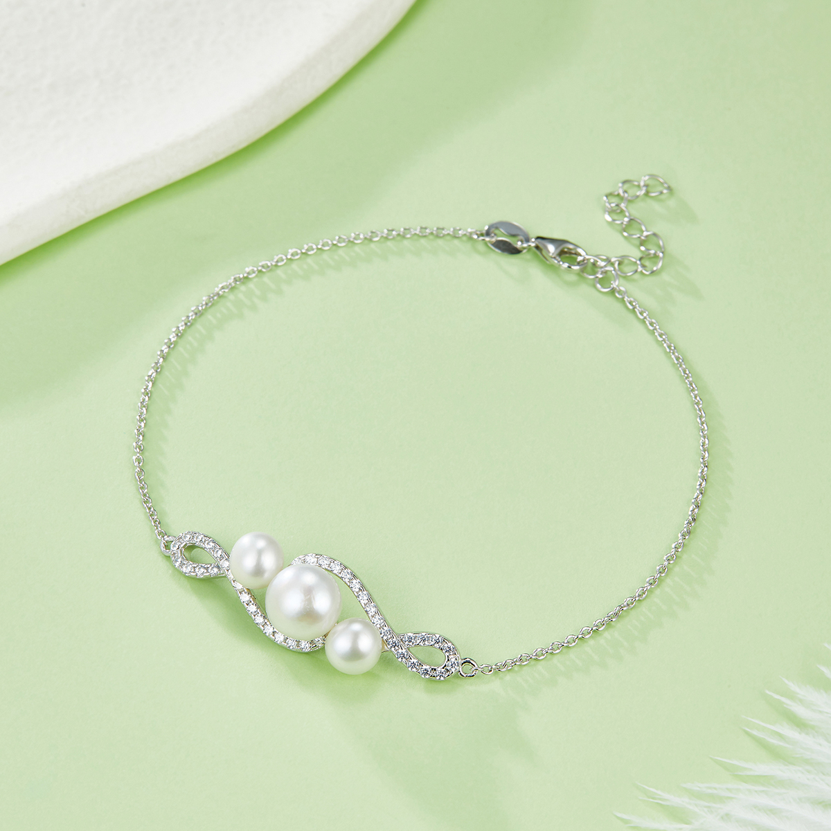 S925 Sterling Silver Natural Freshwater Pearl Bracelet For Women, Infinity Pave Design, 3g, Platinum Plated, Extender Chain, Gift Box