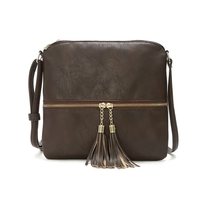 New Style Double Fringe Front Pocket Zipper Diagonal Shoulder Bag Women's Bag Shoulder Bag Coffee - Shop at LoveMi
