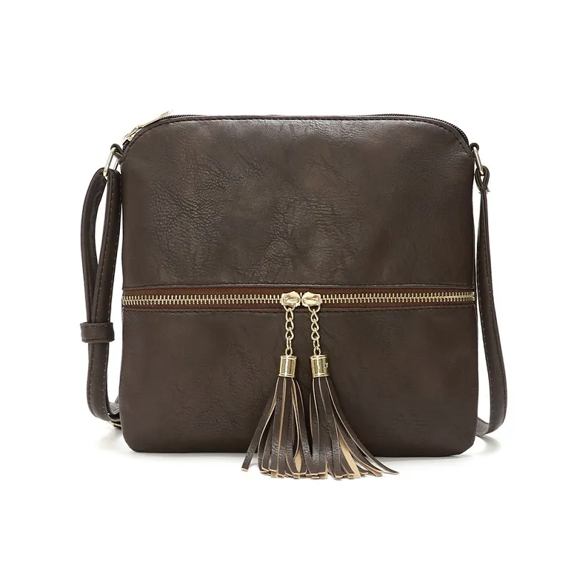 New Style Double Fringe Front Pocket Zipper Diagonal Shoulder Bag Women's Bag Shoulder Bag - Coffee