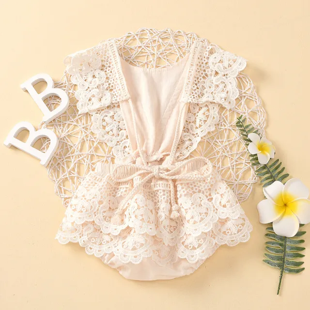 Solid Color Lace Lace Baby Jumpsuit Beige - Shop at LoveMi