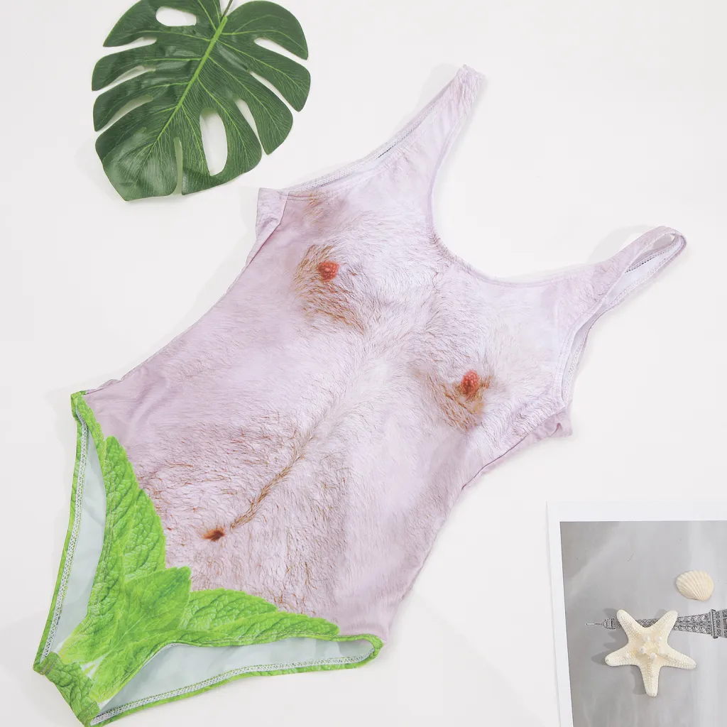 Ladies Faux Skin Breast Hair One-Piece Swimsuit - Leaf Style-M