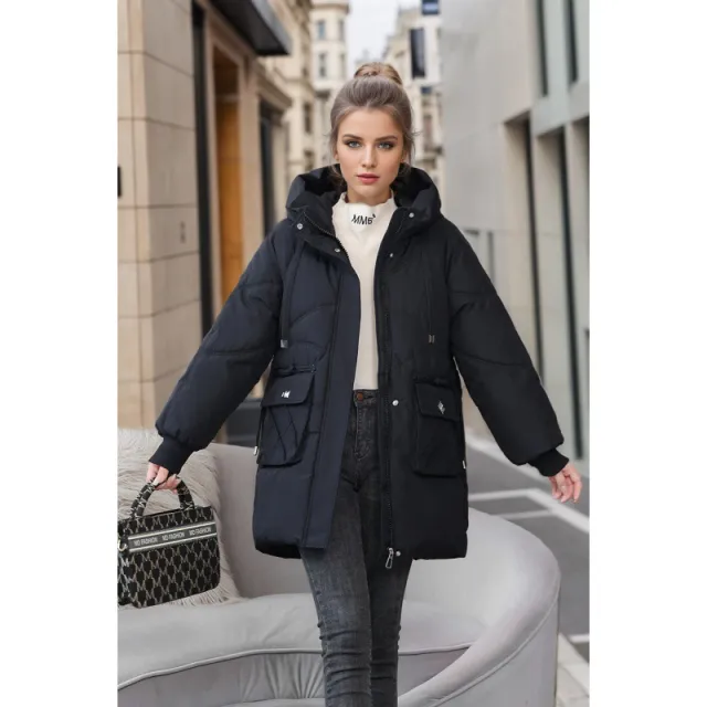 Winter Warm Hooded Coat With Pockets Fashion Solid Color Thicken Straight Cotton Jacket For Women Outerwear Clothing Black - Shop at LoveMi
