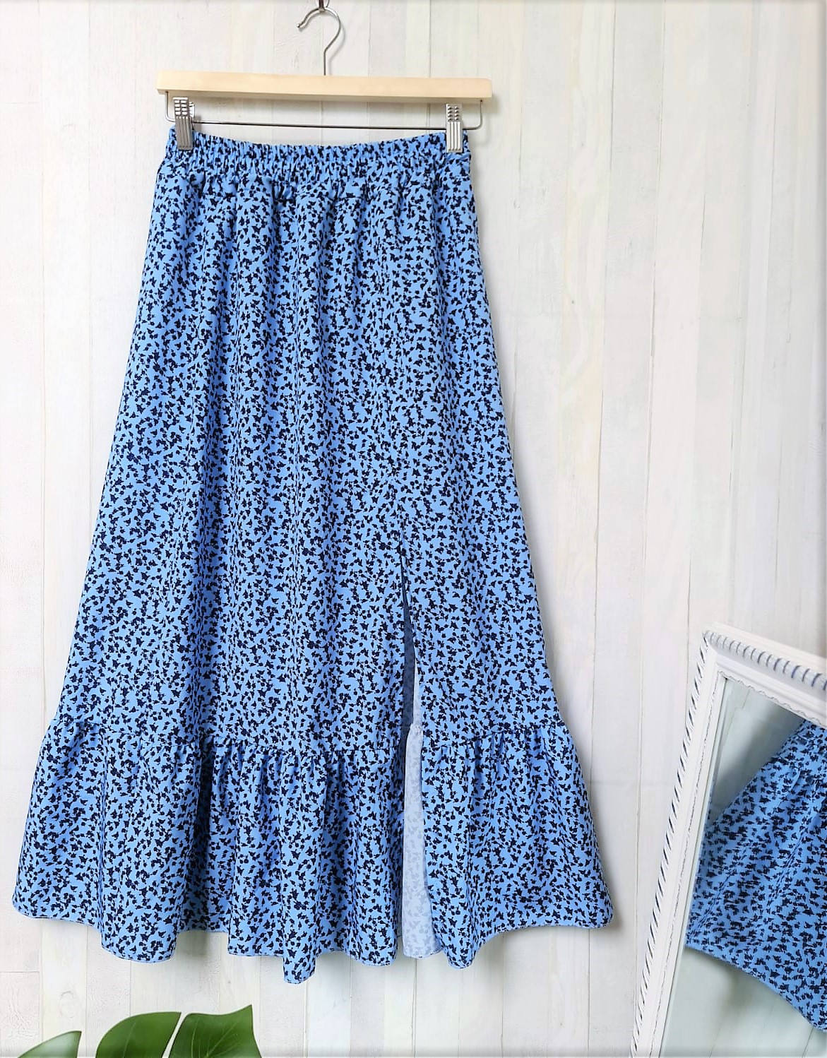 Patchwork Versatile Ruffled Elastic Waist Floral Maxi Dress Blue - Shop at LoveMi