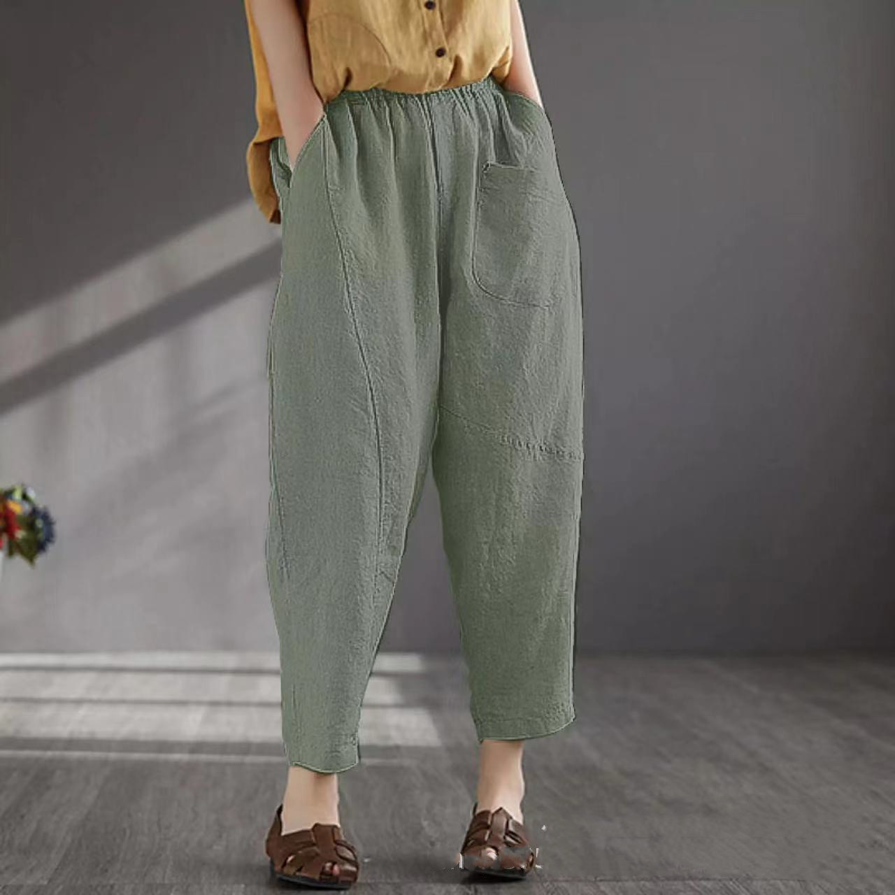 High Waist Cotton And Linen Cropped Trousers Harlan Plus Size Casual Pants Women Green - Shop at LoveMi