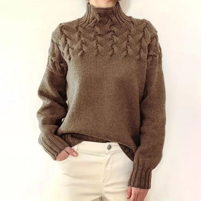 Plus Size Women's Turtleneck Sweater Solid Color Long Sleeve Patterned Knit Top For Autumn And Winter Coffee - Shop at LoveMi