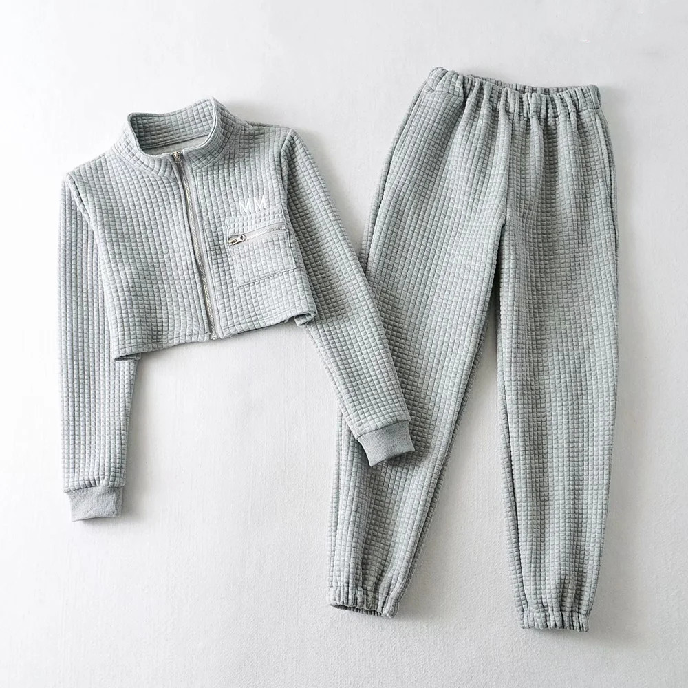 Casual Women's Suit, Plaid Zipper Short Coat And Trousers