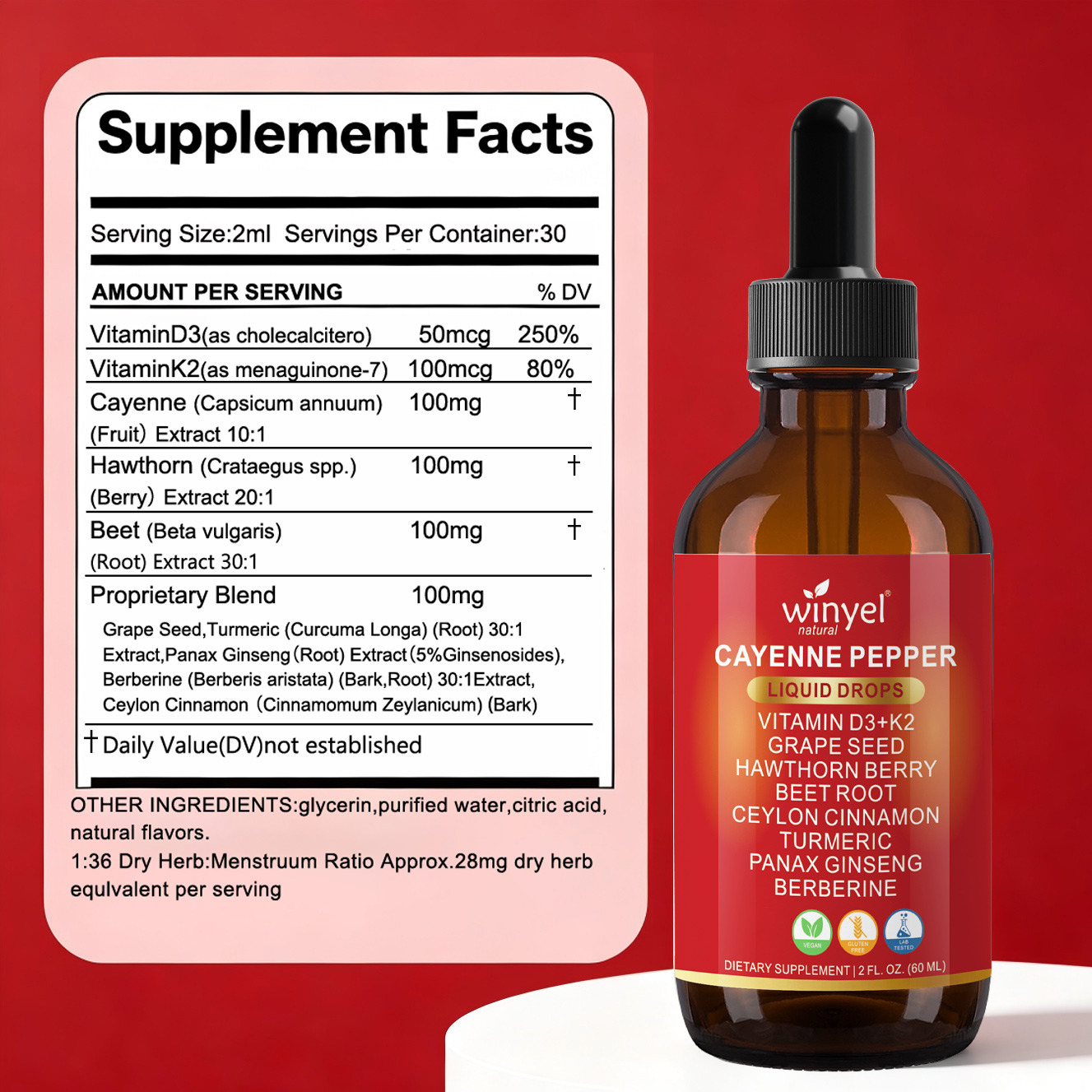 WINYEL Cayenne Pepper Drops Supplement Liquid  Hawthorn Berry, Vitamin D3 K2 Beet Root Powder, Ceylon Cinnamon, Turmeric Curcumin, Organic Panax Ginseng, Berberine Extract 1 Pack — view 4