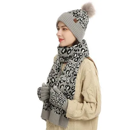 Winter Leopard Print Warm Knitted Wool Hat Scarf Gloves Three Piece Set Light Grey - Shop at LoveMi